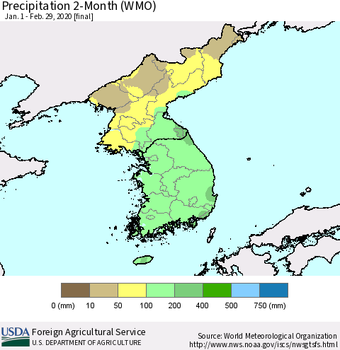 Korea Precipitation 2-Month (WMO) Thematic Map For 1/1/2020 - 2/29/2020