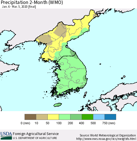 Korea Precipitation 2-Month (WMO) Thematic Map For 1/6/2020 - 3/5/2020