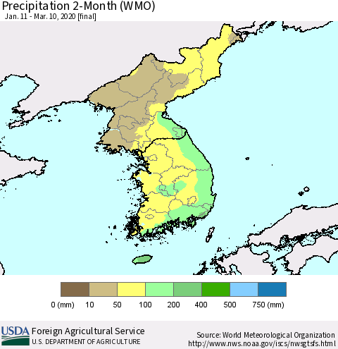 Korea Precipitation 2-Month (WMO) Thematic Map For 1/11/2020 - 3/10/2020