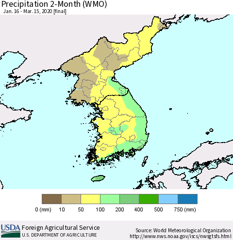 Korea Precipitation 2-Month (WMO) Thematic Map For 1/16/2020 - 3/15/2020