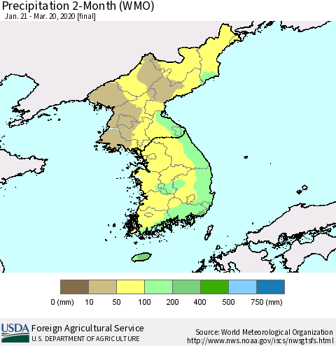 Korea Precipitation 2-Month (WMO) Thematic Map For 1/21/2020 - 3/20/2020
