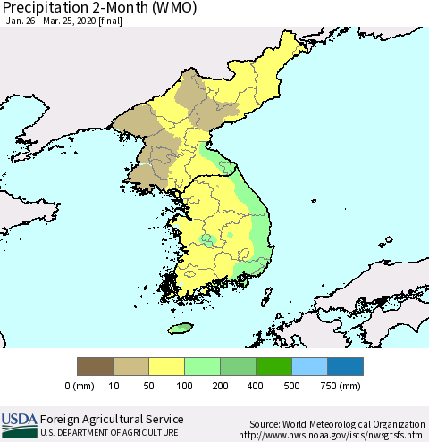 Korea Precipitation 2-Month (WMO) Thematic Map For 1/26/2020 - 3/25/2020