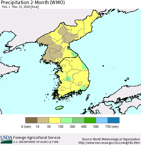 Korea Precipitation 2-Month (WMO) Thematic Map For 2/1/2020 - 3/31/2020