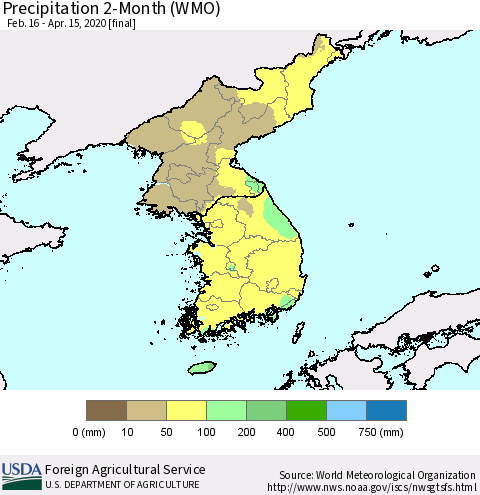 Korea Precipitation 2-Month (WMO) Thematic Map For 2/16/2020 - 4/15/2020