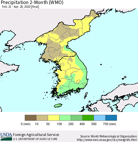 Korea Precipitation 2-Month (WMO) Thematic Map For 2/21/2020 - 4/20/2020