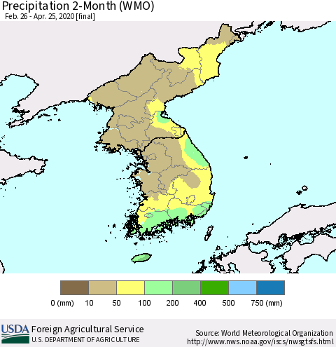 Korea Precipitation 2-Month (WMO) Thematic Map For 2/26/2020 - 4/25/2020