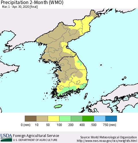 Korea Precipitation 2-Month (WMO) Thematic Map For 3/1/2020 - 4/30/2020