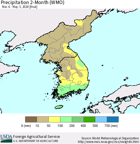 Korea Precipitation 2-Month (WMO) Thematic Map For 3/6/2020 - 5/5/2020
