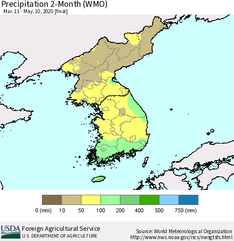 Korea Precipitation 2-Month (WMO) Thematic Map For 3/11/2020 - 5/10/2020