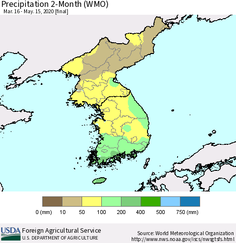 Korea Precipitation 2-Month (WMO) Thematic Map For 3/16/2020 - 5/15/2020