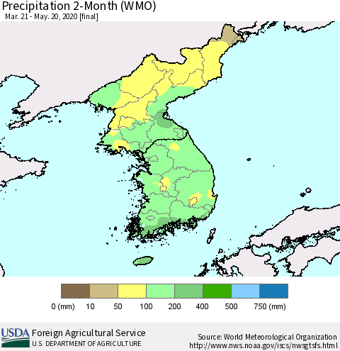 Korea Precipitation 2-Month (WMO) Thematic Map For 3/21/2020 - 5/20/2020