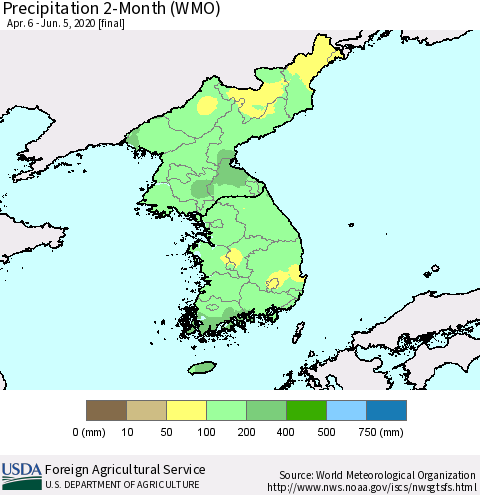 Korea Precipitation 2-Month (WMO) Thematic Map For 4/6/2020 - 6/5/2020