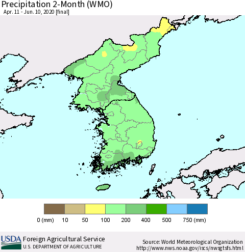Korea Precipitation 2-Month (WMO) Thematic Map For 4/11/2020 - 6/10/2020