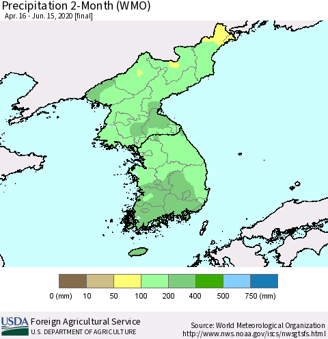 Korea Precipitation 2-Month (WMO) Thematic Map For 4/16/2020 - 6/15/2020