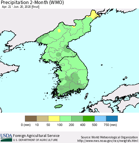 Korea Precipitation 2-Month (WMO) Thematic Map For 4/21/2020 - 6/20/2020