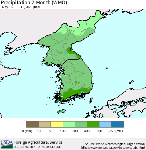 Korea Precipitation 2-Month (WMO) Thematic Map For 5/16/2020 - 7/15/2020