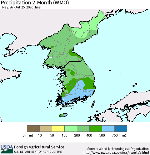 Korea Precipitation 2-Month (WMO) Thematic Map For 5/26/2020 - 7/25/2020