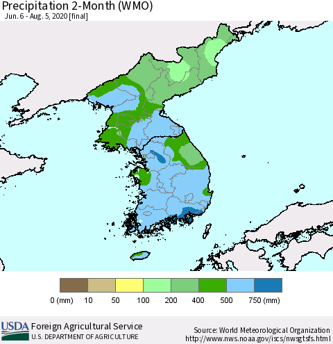 Korea Precipitation 2-Month (WMO) Thematic Map For 6/6/2020 - 8/5/2020
