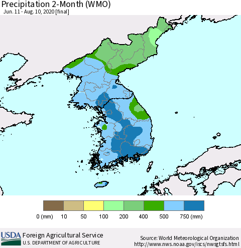 Korea Precipitation 2-Month (WMO) Thematic Map For 6/11/2020 - 8/10/2020