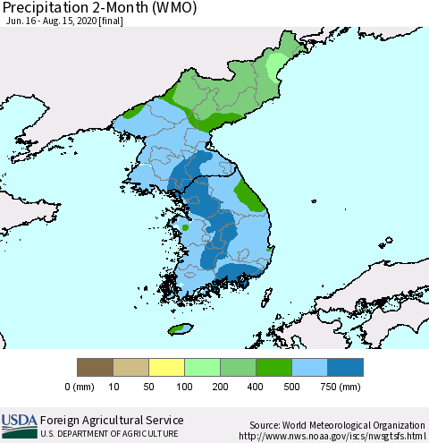 Korea Precipitation 2-Month (WMO) Thematic Map For 6/16/2020 - 8/15/2020
