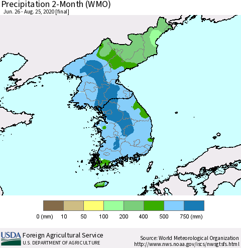 Korea Precipitation 2-Month (WMO) Thematic Map For 6/26/2020 - 8/25/2020
