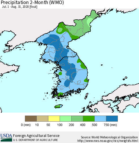 Korea Precipitation 2-Month (WMO) Thematic Map For 7/1/2020 - 8/31/2020
