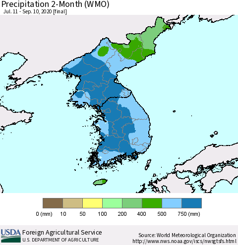 Korea Precipitation 2-Month (WMO) Thematic Map For 7/11/2020 - 9/10/2020