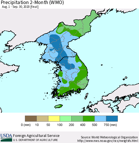 Korea Precipitation 2-Month (WMO) Thematic Map For 8/1/2020 - 9/30/2020
