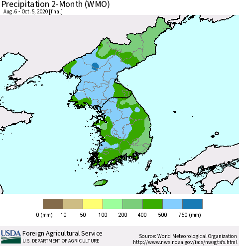 Korea Precipitation 2-Month (WMO) Thematic Map For 8/6/2020 - 10/5/2020