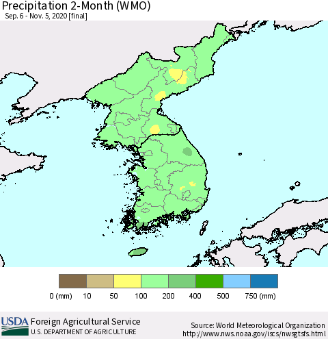 Korea Precipitation 2-Month (WMO) Thematic Map For 9/6/2020 - 11/5/2020