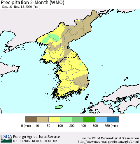 Korea Precipitation 2-Month (WMO) Thematic Map For 9/16/2020 - 11/15/2020