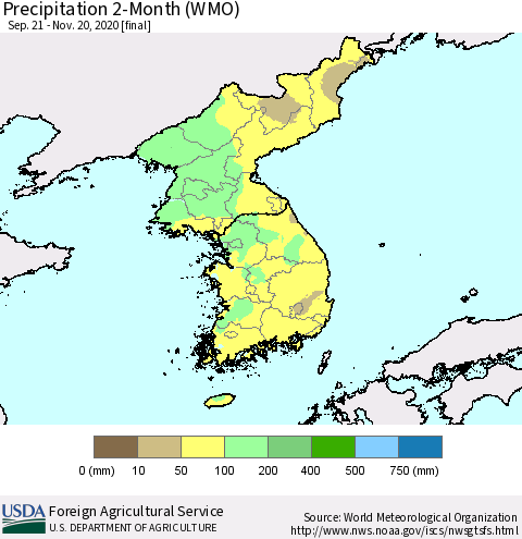 Korea Precipitation 2-Month (WMO) Thematic Map For 9/21/2020 - 11/20/2020