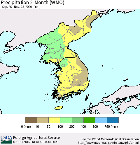 Korea Precipitation 2-Month (WMO) Thematic Map For 9/26/2020 - 11/25/2020