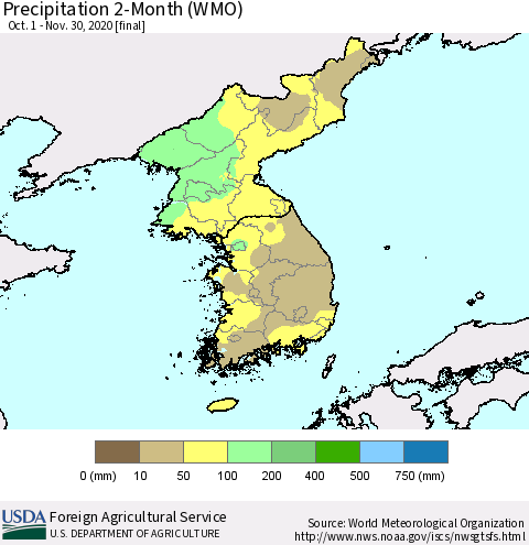 Korea Precipitation 2-Month (WMO) Thematic Map For 10/1/2020 - 11/30/2020