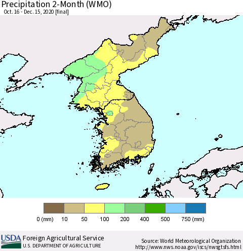 Korea Precipitation 2-Month (WMO) Thematic Map For 10/16/2020 - 12/15/2020