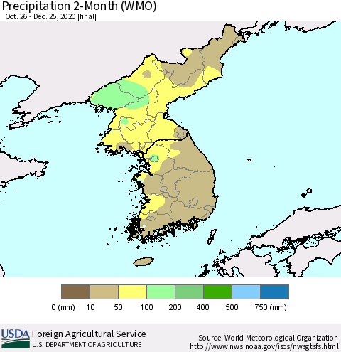 Korea Precipitation 2-Month (WMO) Thematic Map For 10/26/2020 - 12/25/2020