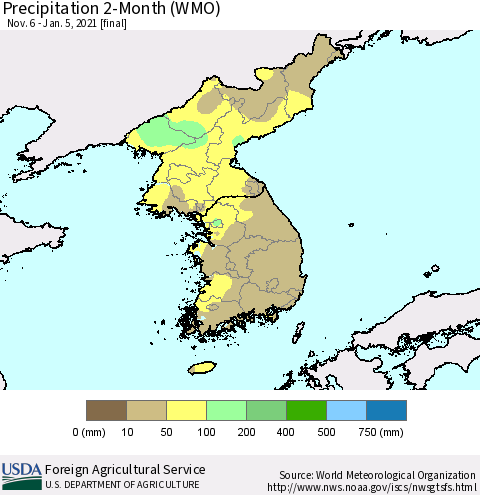 Korea Precipitation 2-Month (WMO) Thematic Map For 11/6/2020 - 1/5/2021