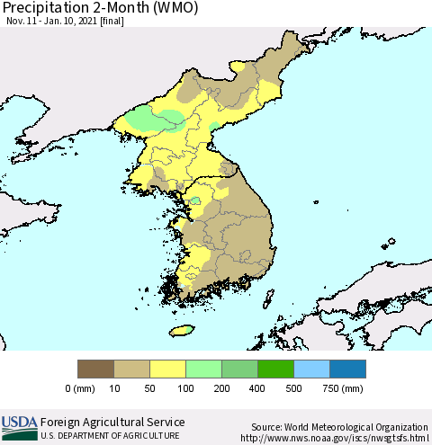 Korea Precipitation 2-Month (WMO) Thematic Map For 11/11/2020 - 1/10/2021