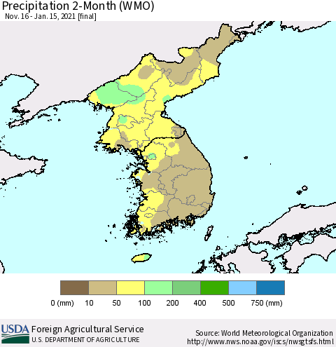 Korea Precipitation 2-Month (WMO) Thematic Map For 11/16/2020 - 1/15/2021