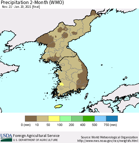 Korea Precipitation 2-Month (WMO) Thematic Map For 11/21/2020 - 1/20/2021