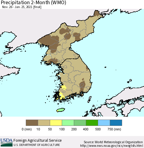 Korea Precipitation 2-Month (WMO) Thematic Map For 11/26/2020 - 1/25/2021