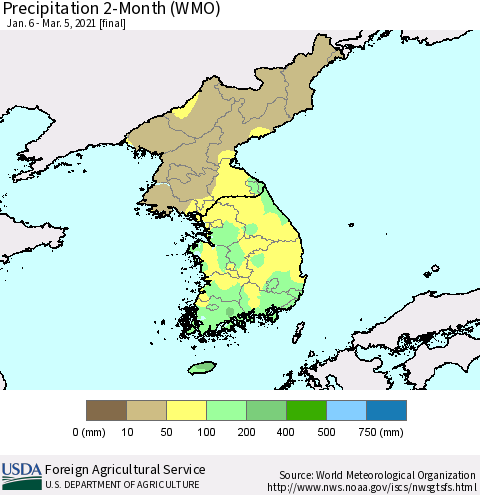 Korea Precipitation 2-Month (WMO) Thematic Map For 1/6/2021 - 3/5/2021