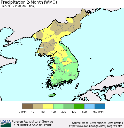 Korea Precipitation 2-Month (WMO) Thematic Map For 1/21/2021 - 3/20/2021