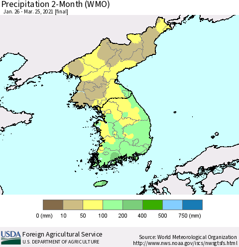 Korea Precipitation 2-Month (WMO) Thematic Map For 1/26/2021 - 3/25/2021