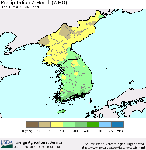 Korea Precipitation 2-Month (WMO) Thematic Map For 2/1/2021 - 3/31/2021