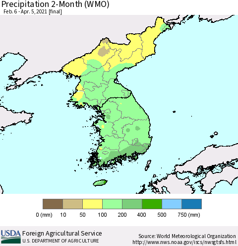 Korea Precipitation 2-Month (WMO) Thematic Map For 2/6/2021 - 4/5/2021