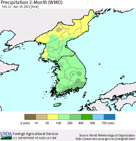 Korea Precipitation 2-Month (WMO) Thematic Map For 2/11/2021 - 4/10/2021