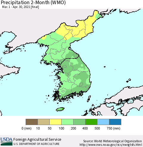 Korea Precipitation 2-Month (WMO) Thematic Map For 3/1/2021 - 4/30/2021