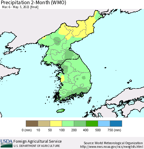 Korea Precipitation 2-Month (WMO) Thematic Map For 3/6/2021 - 5/5/2021