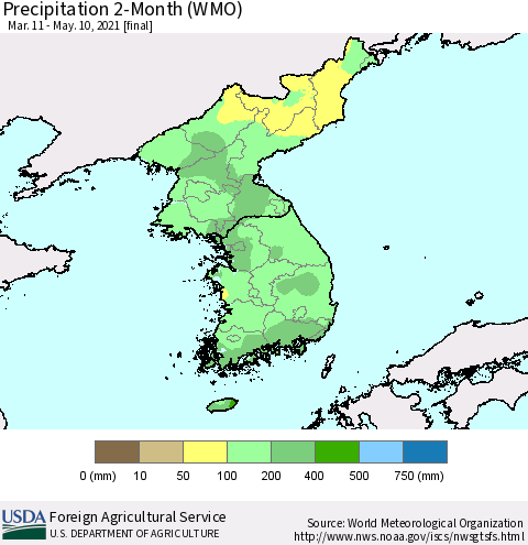 Korea Precipitation 2-Month (WMO) Thematic Map For 3/11/2021 - 5/10/2021